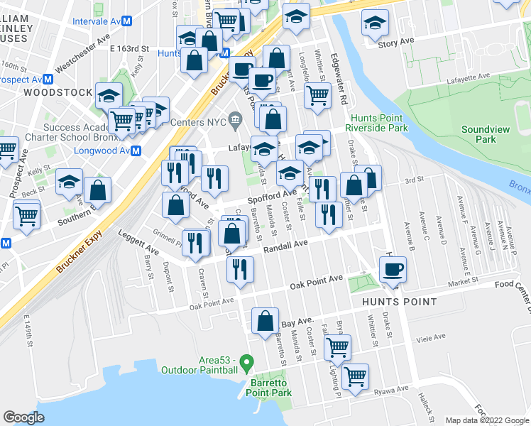 map of restaurants, bars, coffee shops, grocery stores, and more near 659 Manida Street in Bronx