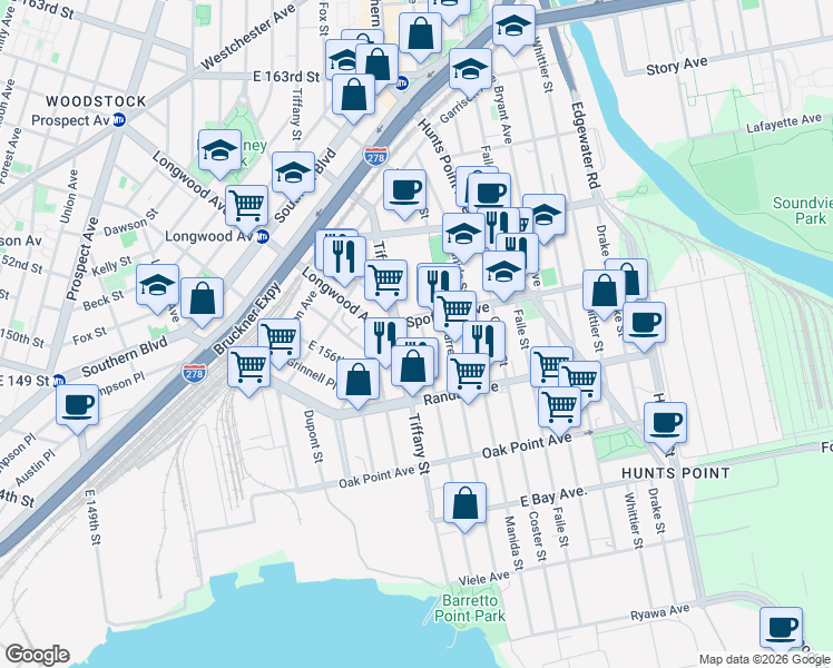 map of restaurants, bars, coffee shops, grocery stores, and more near 660 Casanova Street in The Bronx