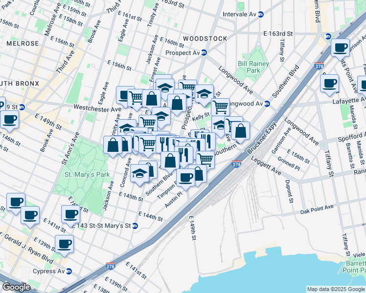 map of restaurants, bars, coffee shops, grocery stores, and more near 547 Fox Street in Bronx