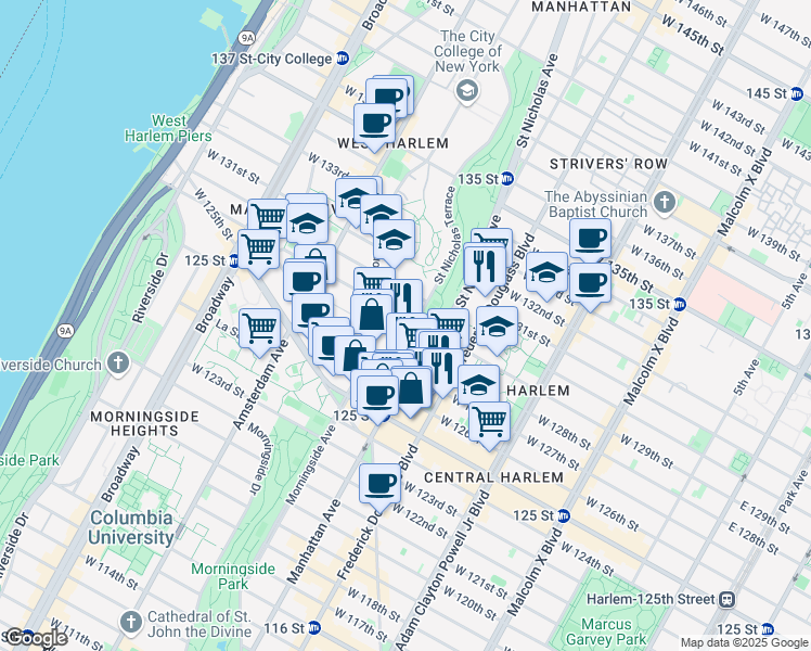 map of restaurants, bars, coffee shops, grocery stores, and more near 35 Saint Nicholas Terrace in New York
