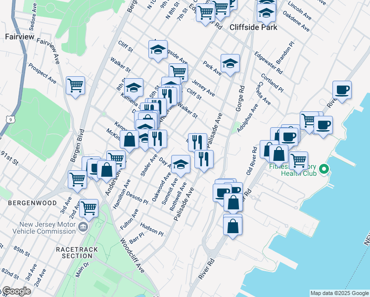 map of restaurants, bars, coffee shops, grocery stores, and more near 235 Washington Place in Cliffside Park