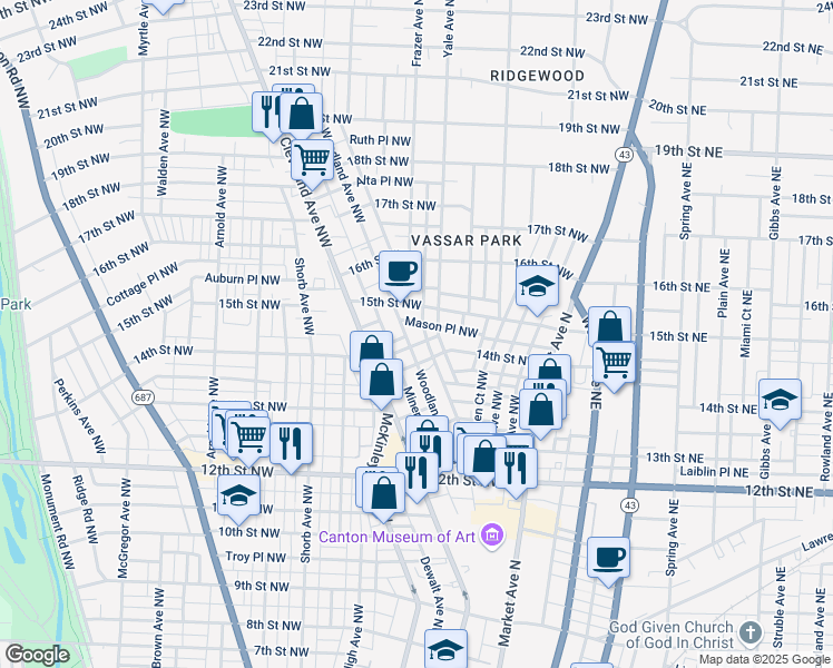 map of restaurants, bars, coffee shops, grocery stores, and more near 1412 Woodland Avenue Northwest in Canton