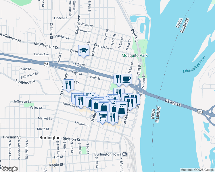 map of restaurants, bars, coffee shops, grocery stores, and more near 613 North 5th Street in Burlington