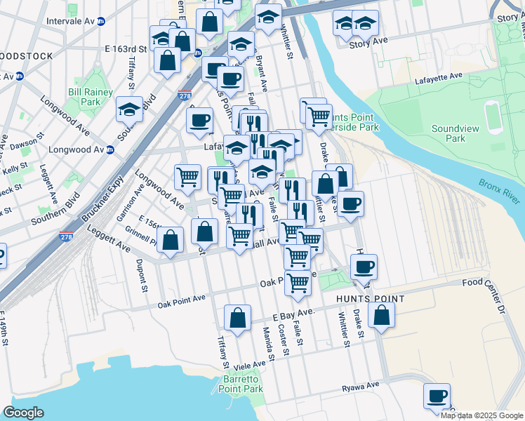 map of restaurants, bars, coffee shops, grocery stores, and more near 648 Coster Street in The Bronx