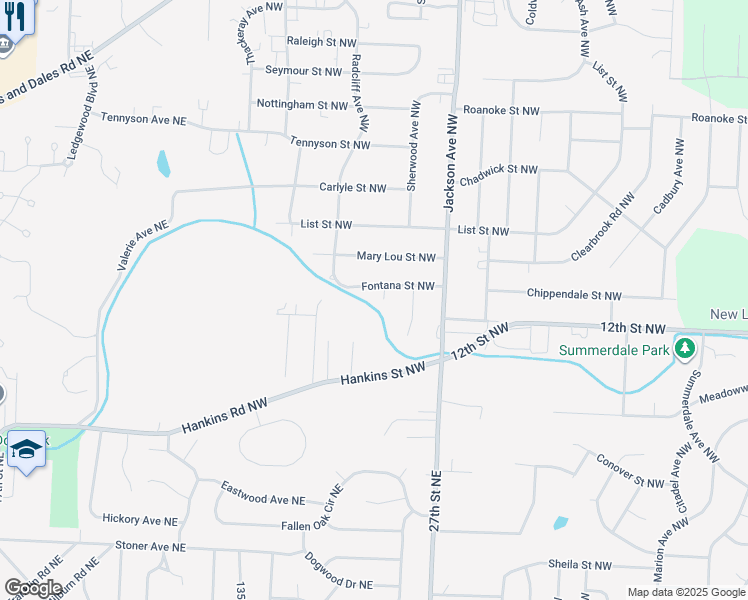map of restaurants, bars, coffee shops, grocery stores, and more near 1219 Castello Circle Northwest in Massillon