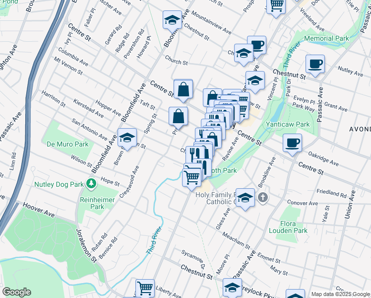 map of restaurants, bars, coffee shops, grocery stores, and more near 46 Chase Street in Nutley