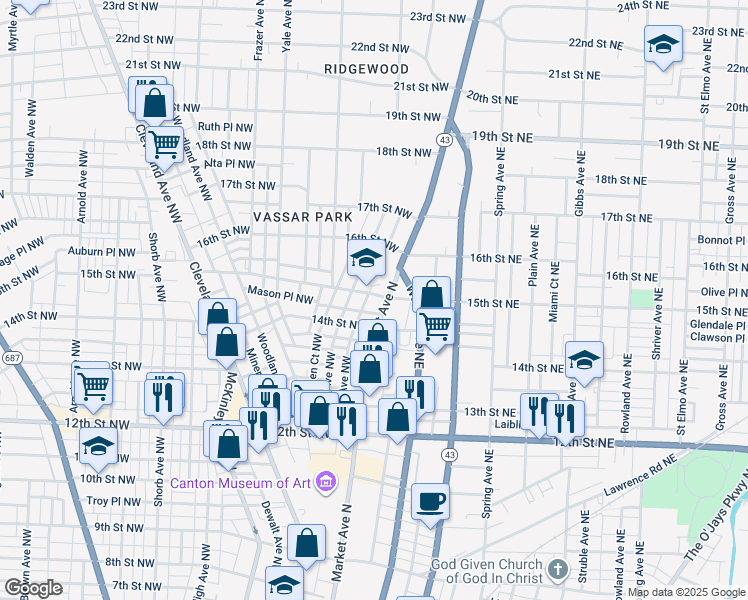 map of restaurants, bars, coffee shops, grocery stores, and more near 1435 Market Avenue North in Canton
