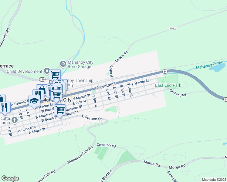 map of restaurants, bars, coffee shops, grocery stores, and more near 735 East Pine Street in Mahanoy City