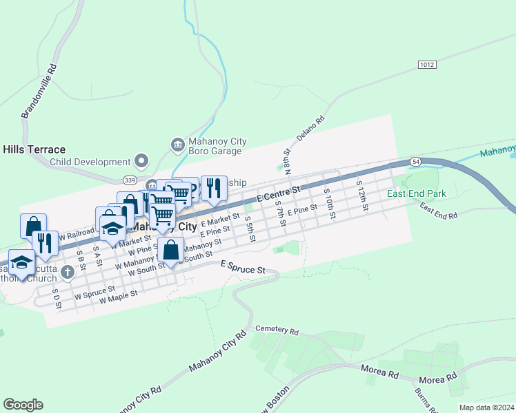 map of restaurants, bars, coffee shops, grocery stores, and more near 533 East Market Street in Mahanoy City