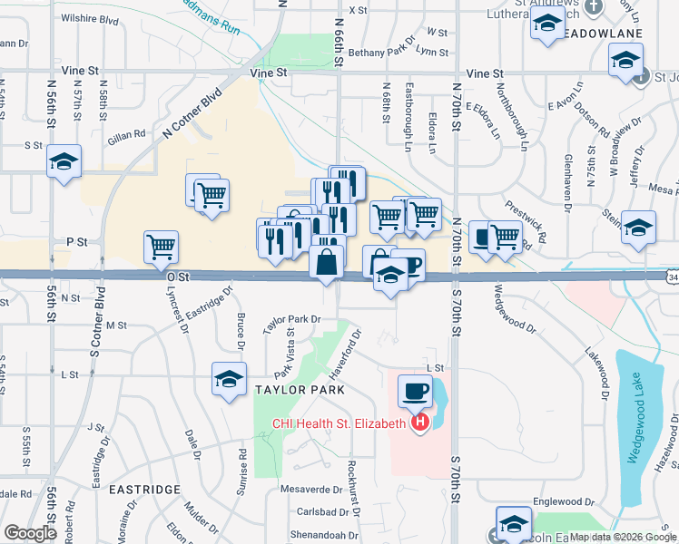 map of restaurants, bars, coffee shops, grocery stores, and more near 6542-6798 O St in Lincoln