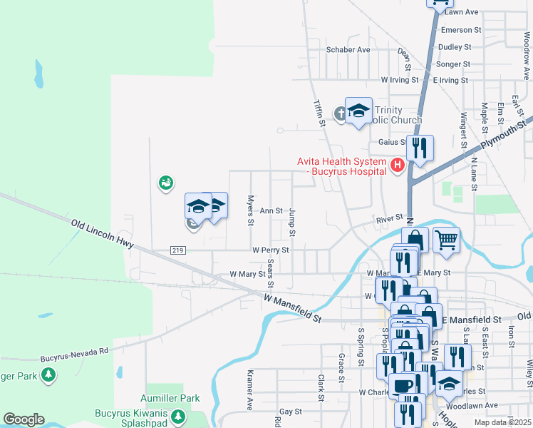 map of restaurants, bars, coffee shops, grocery stores, and more near 455 Sears Street in Bucyrus