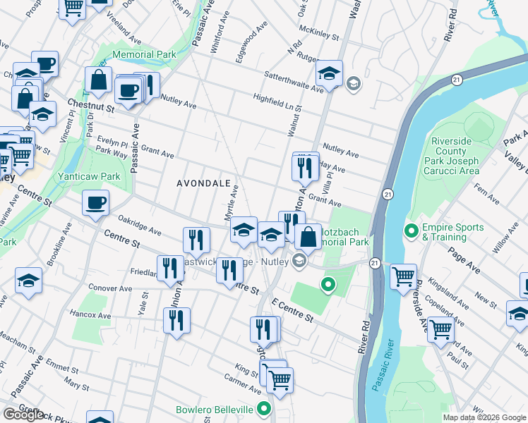 map of restaurants, bars, coffee shops, grocery stores, and more near 115 Walnut St in Nutley