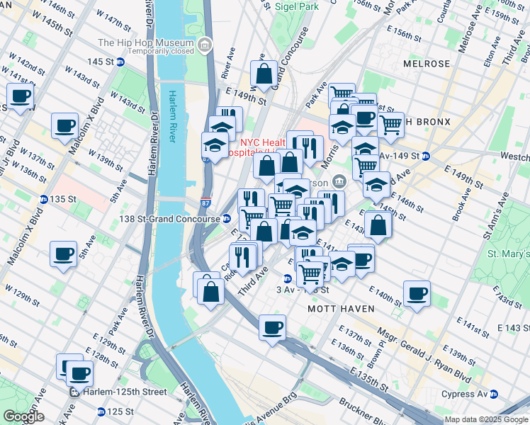 map of restaurants, bars, coffee shops, grocery stores, and more near 305 Canal Place in The Bronx