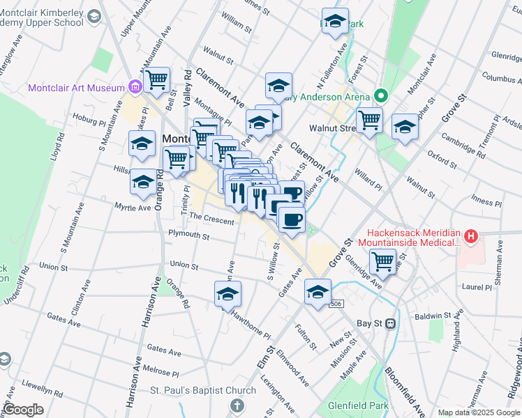 map of restaurants, bars, coffee shops, grocery stores, and more near 440 Bloomfield Avenue in Montclair