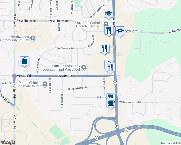 map of restaurants, bars, coffee shops, grocery stores, and more near 10330 North Juliet Court in Peoria