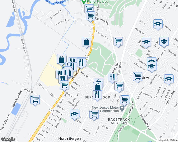 map of restaurants, bars, coffee shops, grocery stores, and more near 9125 Grand Avenue in North Bergen