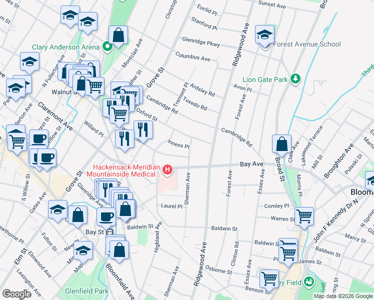 map of restaurants, bars, coffee shops, grocery stores, and more near 2 Inness Place in Glen Ridge