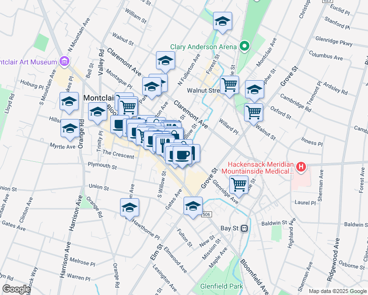 map of restaurants, bars, coffee shops, grocery stores, and more near 19 North Willow Street in Montclair