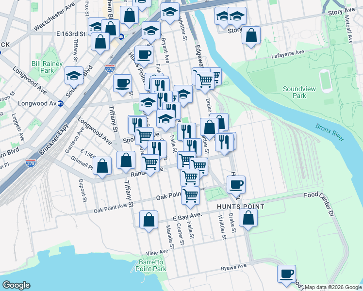 map of restaurants, bars, coffee shops, grocery stores, and more near 643 Bryant Avenue in Bronx