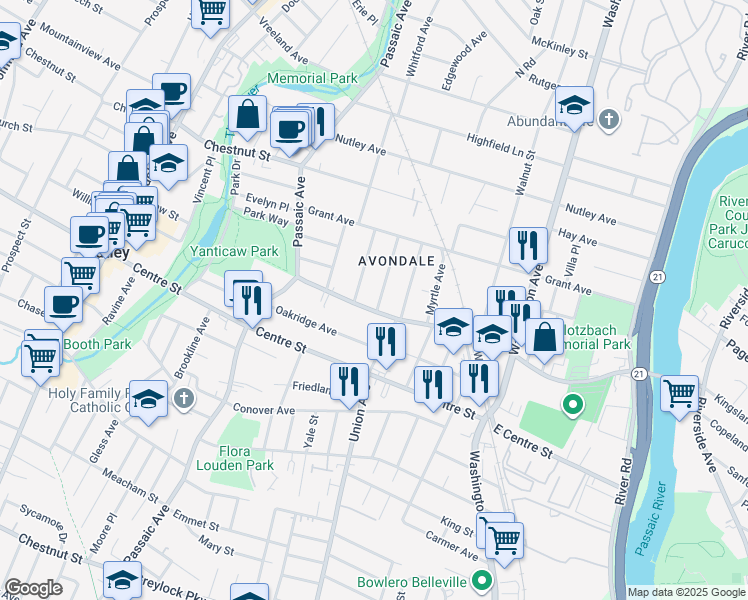 map of restaurants, bars, coffee shops, grocery stores, and more near 9 Wayne Place in Nutley