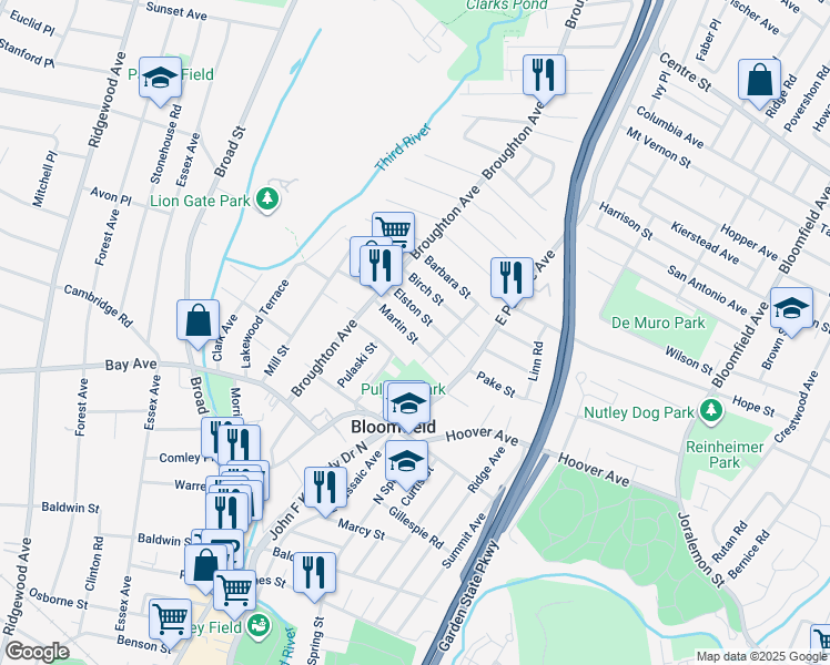 map of restaurants, bars, coffee shops, grocery stores, and more near 41 Martin Street in Bloomfield