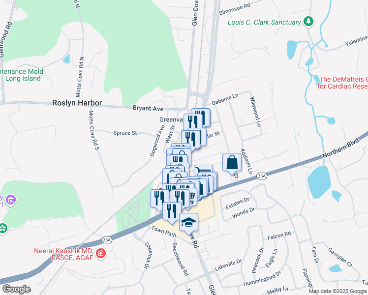 map of restaurants, bars, coffee shops, grocery stores, and more near 71 Glen Cove Road in Greenvale