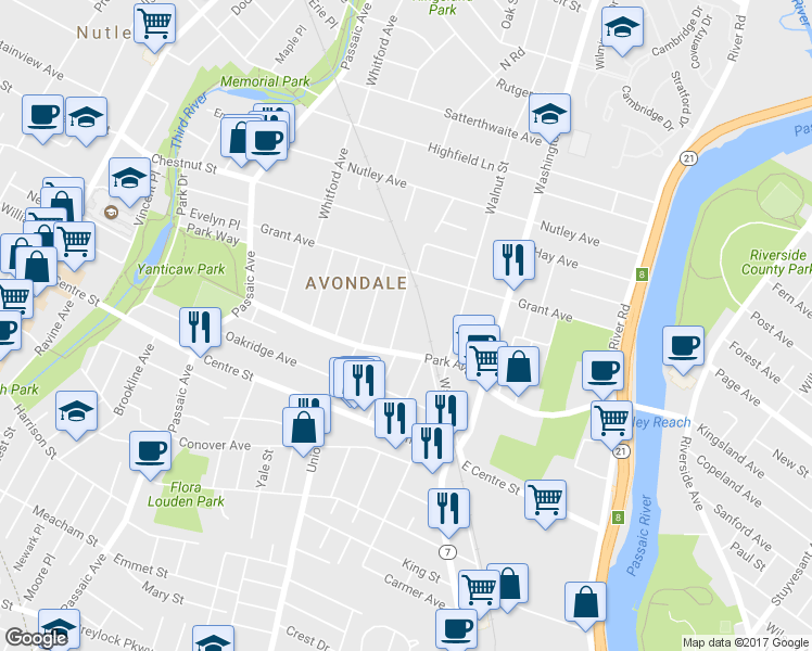 map of restaurants, bars, coffee shops, grocery stores, and more near 88 Myrtle Avenue in Nutley