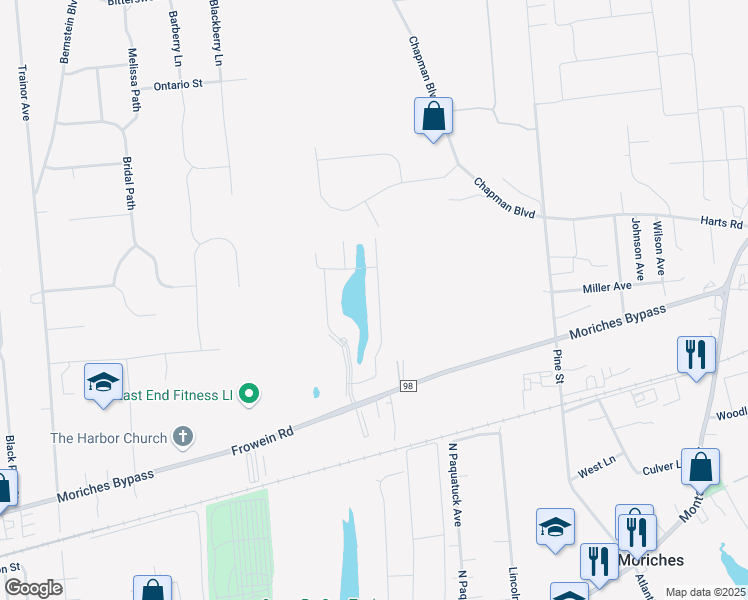 map of restaurants, bars, coffee shops, grocery stores, and more near 203 Walden Court in East Moriches