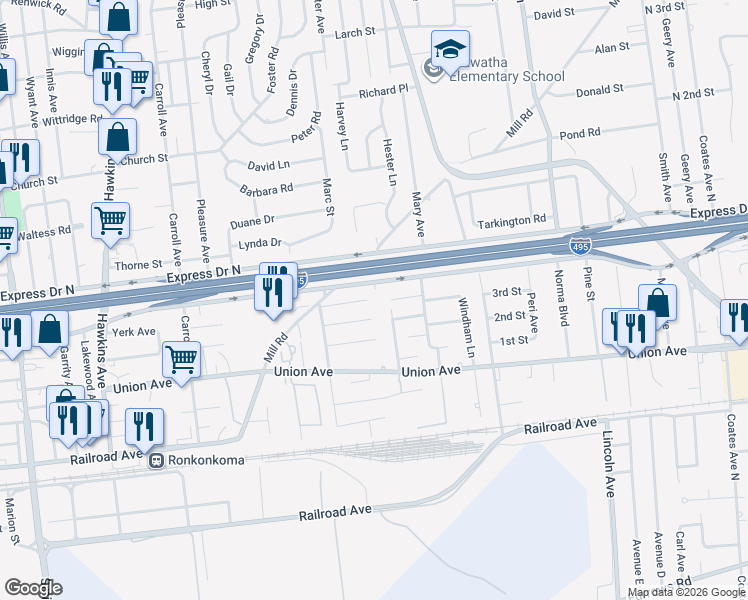 map of restaurants, bars, coffee shops, grocery stores, and more near 2 The Plaza in Ronkonkoma
