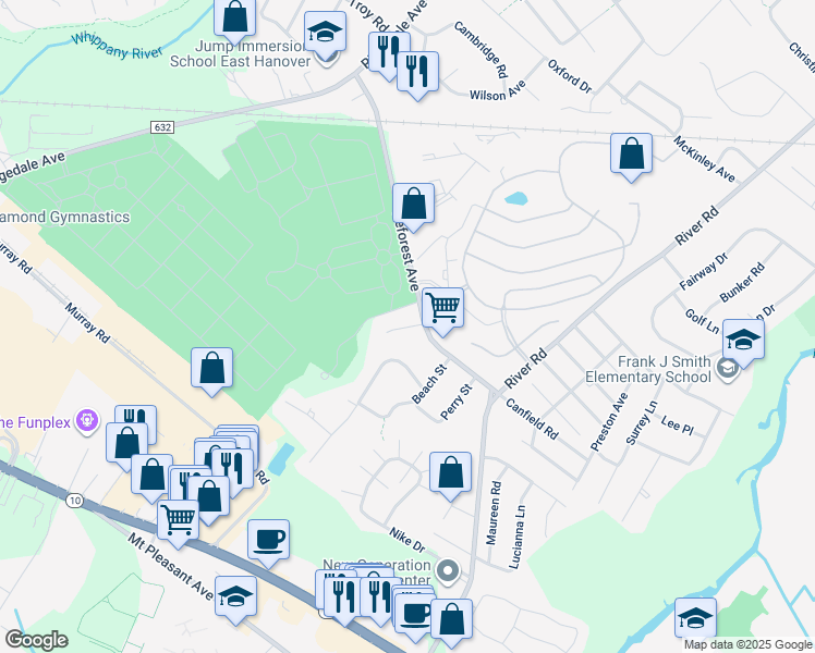map of restaurants, bars, coffee shops, grocery stores, and more near in East Hanover