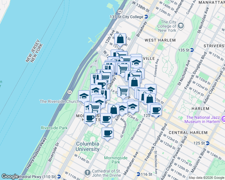 map of restaurants, bars, coffee shops, grocery stores, and more near 102 Lasalle Street in New York