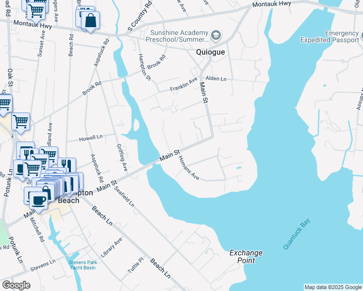 map of restaurants, bars, coffee shops, grocery stores, and more near 426 Main Street in Westhampton Beach