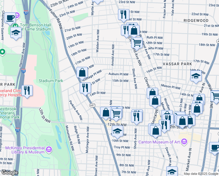 map of restaurants, bars, coffee shops, grocery stores, and more near 1417 Arnold Ave NW in Canton