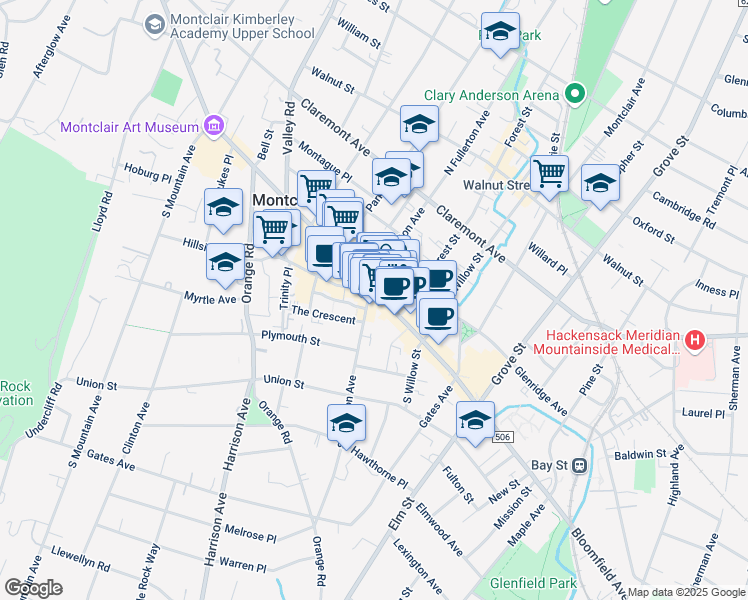 map of restaurants, bars, coffee shops, grocery stores, and more near 440 Bloomfield Avenue in Montclair