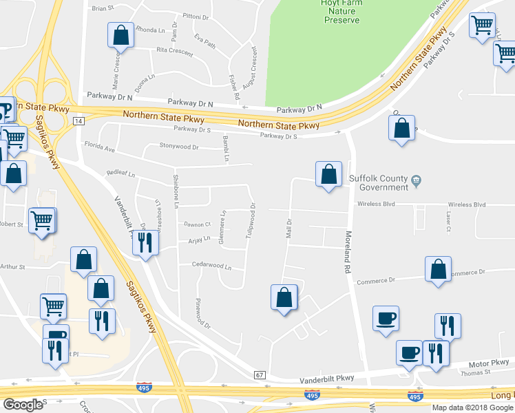 map of restaurants, bars, coffee shops, grocery stores, and more near 62 Tulipwood Drive in Commack