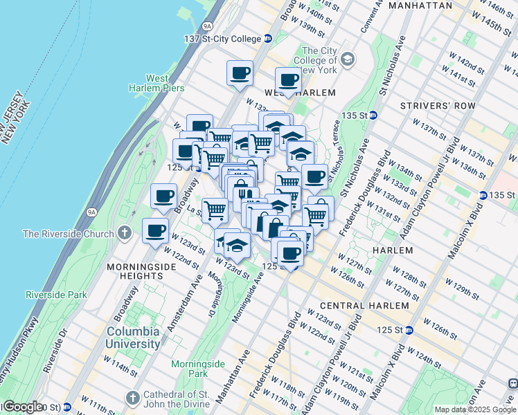 map of restaurants, bars, coffee shops, grocery stores, and more near 429 West 127th Street in New York