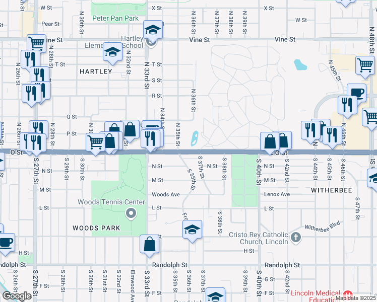 map of restaurants, bars, coffee shops, grocery stores, and more near 3600 O Street in Lincoln