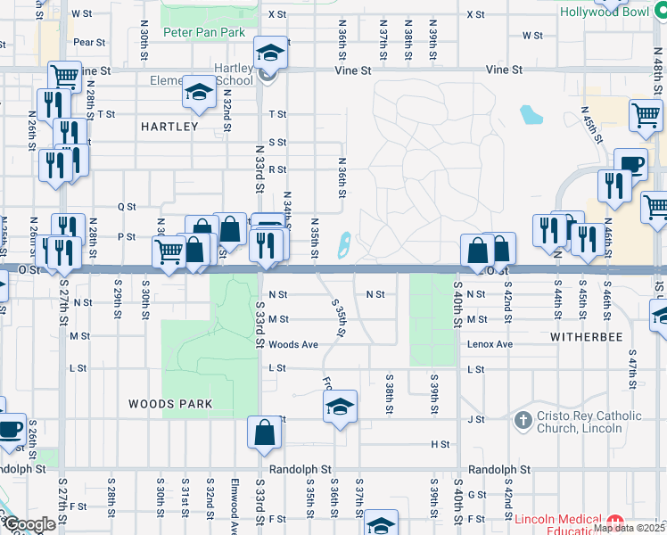 map of restaurants, bars, coffee shops, grocery stores, and more near 3600 O Street in Lincoln