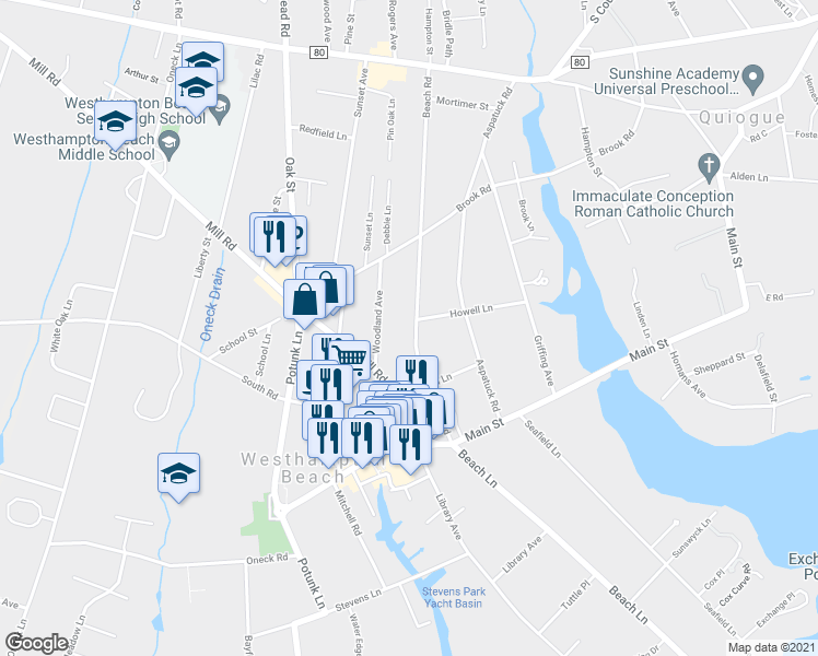 map of restaurants, bars, coffee shops, grocery stores, and more near 47 Beach Road in Westhampton Beach