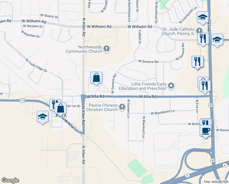 map of restaurants, bars, coffee shops, grocery stores, and more near 2230 West Geneva Road in Peoria