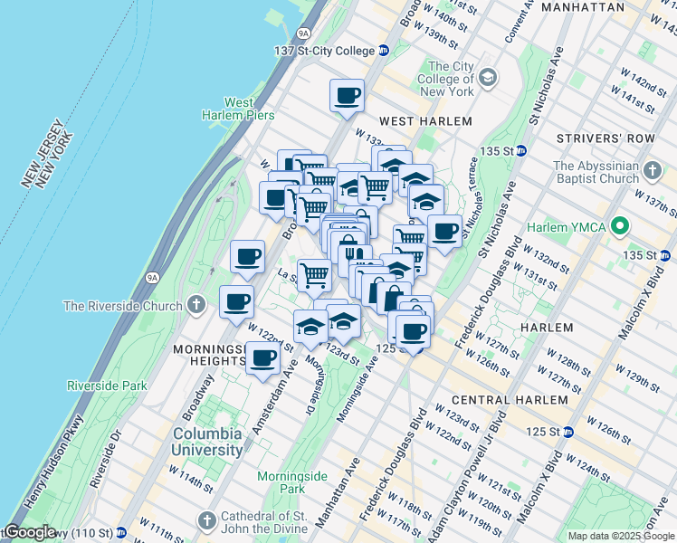 map of restaurants, bars, coffee shops, grocery stores, and more near 503 West 125th Street in New York