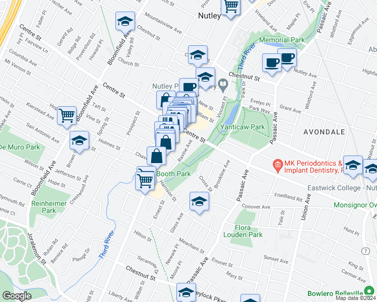 map of restaurants, bars, coffee shops, grocery stores, and more near 74 Ravine Avenue in Nutley