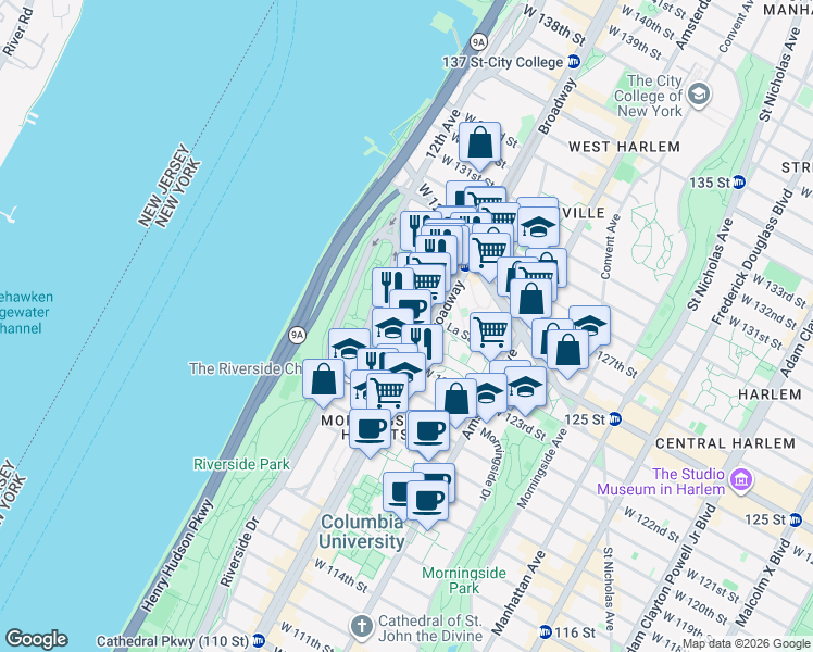 map of restaurants, bars, coffee shops, grocery stores, and more near 160 Claremont Avenue in New York