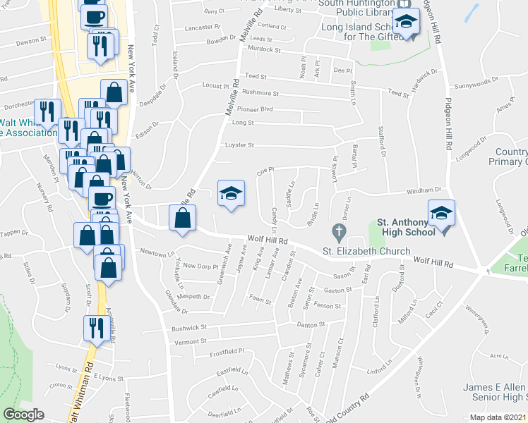 map of restaurants, bars, coffee shops, grocery stores, and more near 6 Coe Place in Huntington Station