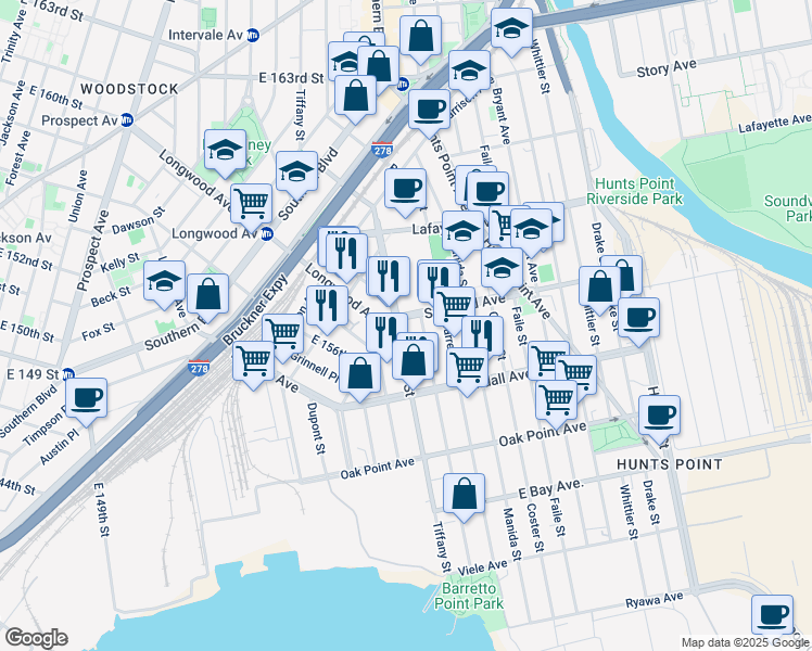 map of restaurants, bars, coffee shops, grocery stores, and more near 660 Casanova Street in The Bronx