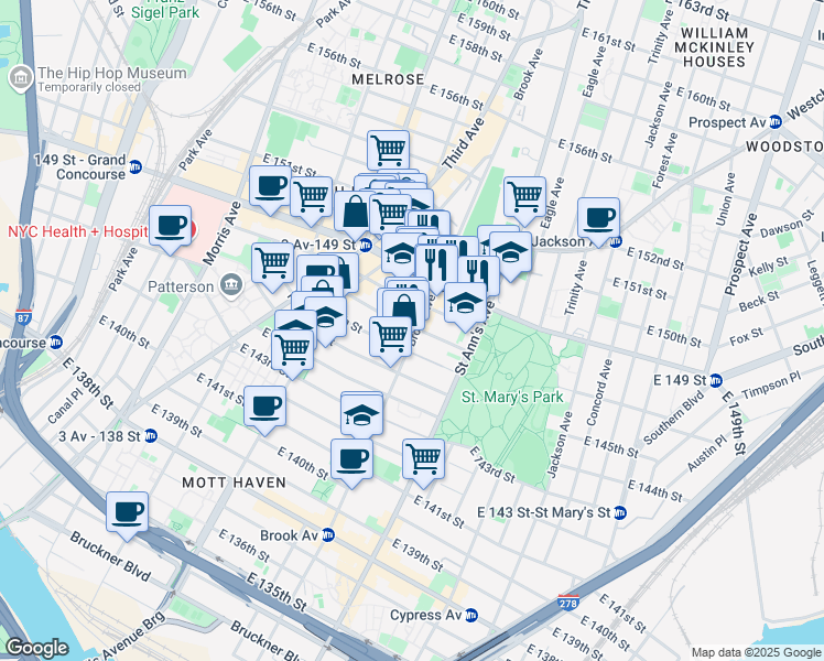 map of restaurants, bars, coffee shops, grocery stores, and more near 502 East 147th Street in The Bronx