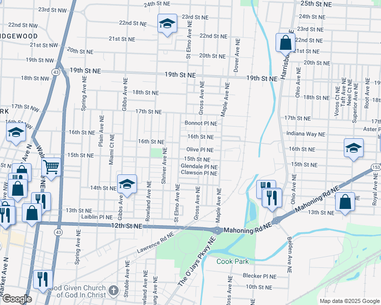 map of restaurants, bars, coffee shops, grocery stores, and more near 1516 Olive Place Northeast in Canton
