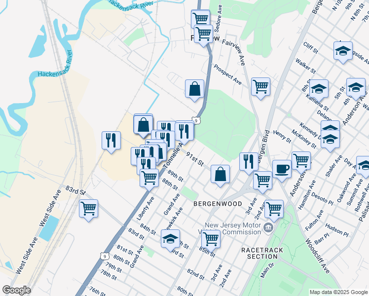 map of restaurants, bars, coffee shops, grocery stores, and more near 9100 Tonnele Avenue in North Bergen