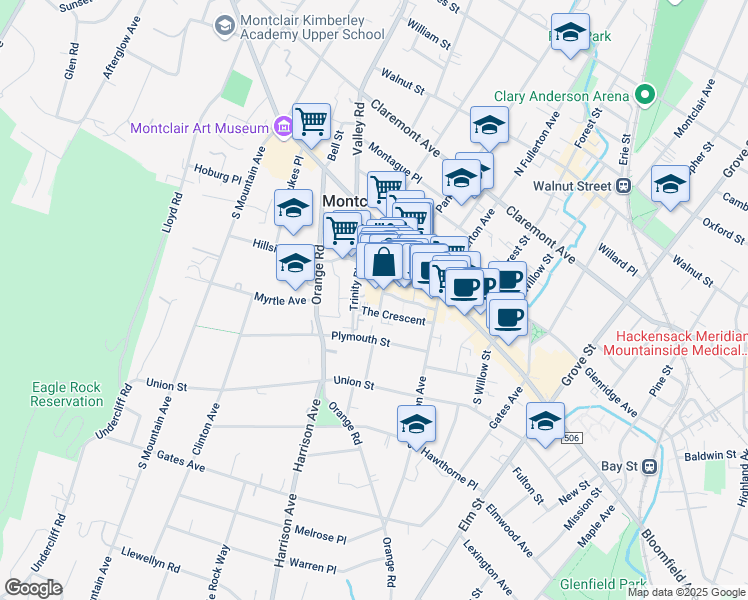 map of restaurants, bars, coffee shops, grocery stores, and more near 55 South Park Street in Montclair