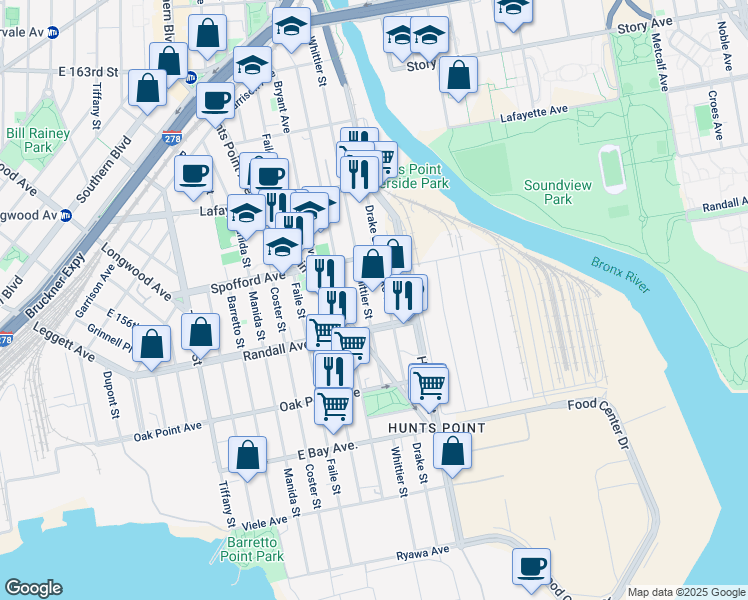 map of restaurants, bars, coffee shops, grocery stores, and more near 669 Drake Street in The Bronx